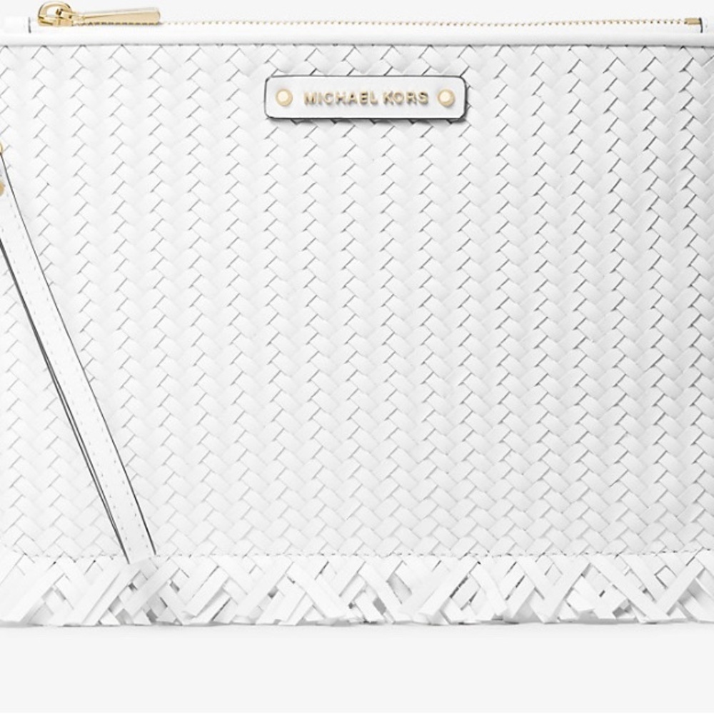 Michael Kors Jet Set Woven Leather Large Zip Pouch Clutch Wristlet in white